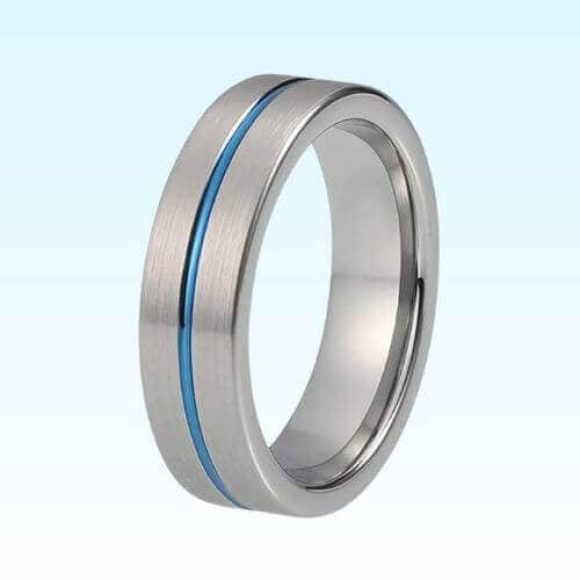 Brushed silver ring with blue line running through centre