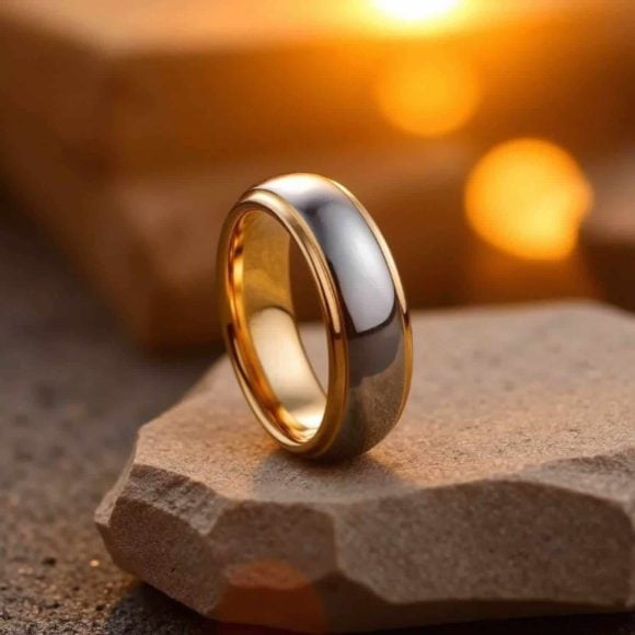 Elegant and stunning mens ring. Made with tungsten, this gold and silver ring is the perfect choice for your mans wedding band or male engagement ring.