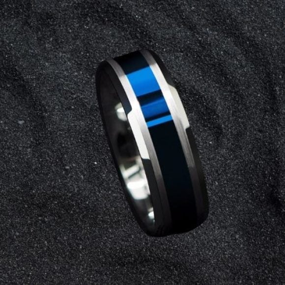 blue wedding ring for men with silver sides in tungsten 8mm. modern design band