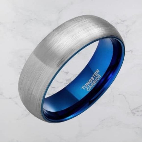brushed mens silver ring with blue inside Sincere 8mm tungsten modern traditional ring style design