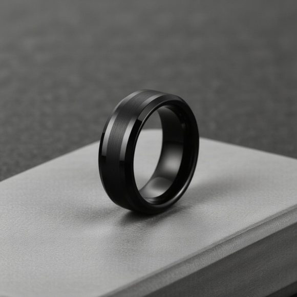 Polished black tungsten mens ring with brushed black centre and bevelled edges, gents wedding or eternity ring
