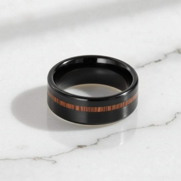 Black and wood tungsten men’s ring, modern wedding band or fashion eternity ring for him.