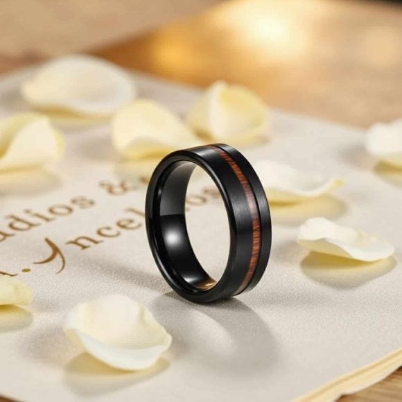 Black tungsten ring with wood inlay for men, durable wedding or eternity band for him with engraving option