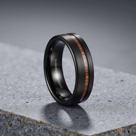 Wood and tungsten ring for men, black wedding band or eternity promise ring for guys.