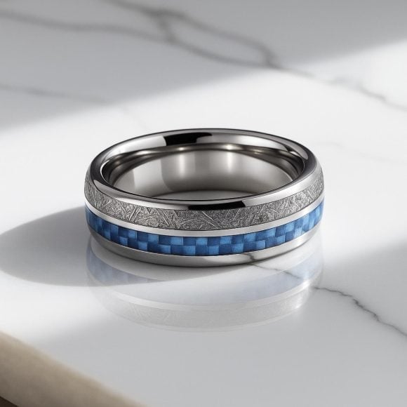 Trailblazer – Mens Faux Meteorite and Carbon Fibre Wedding Band, Engagement Ring, set within a Silver Tungsten Ring for Men Trailblazer menโs tungsten ring with meteorite and blue carbon fibre inlay, polished 8mm wedding or eternity band for gents.