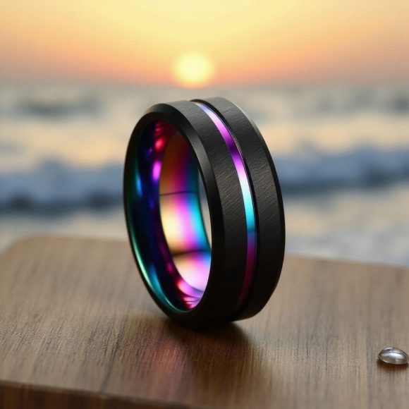 Queenwish 6mm Rainbow Tungsten Carbide Wedding Band – Black Brushed Finish With Center Groove