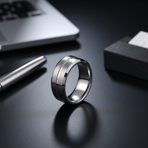 Zenith – Mens White Gold Wedding Band or Engagement Ring – Tungsten – Custom Ring Engraving Mens white gold tungsten wedding band with brushed and polished sections, elegant gents ring for him.